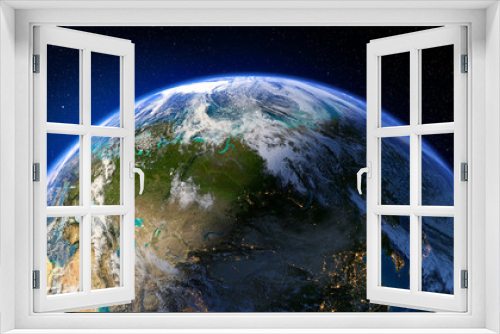 Fototapeta Naklejka Na Ścianę Okno 3D - Planet Earth with detailed relief and atmosphere. Day and Night. Eurasia. 3D rendering. Elements of this image furnished by NASA