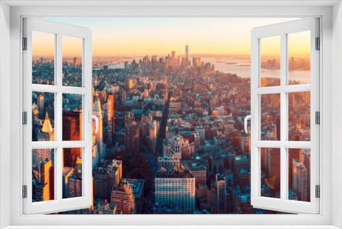 Fototapeta Naklejka Na Ścianę Okno 3D - Amazing aerial panoramic view of Manhattan with sunset