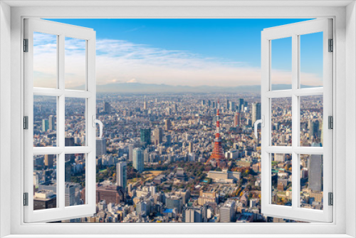Fototapeta Naklejka Na Ścianę Okno 3D - 東京タワーと富士山の空撮