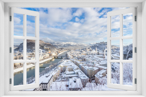 Fototapeta Naklejka Na Ścianę Okno 3D - Panorama of Salzburg in winter: Snowy historical center, sunshine
