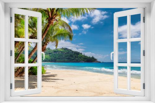 Fototapeta Naklejka Na Ścianę Okno 3D - Beautiful beach with palms and turquoise sea in Jamaica island. 