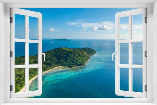 Fototapeta Naklejka Na Ścianę Okno 3D - Aerial view of tropical  beach on island Ditaytayan. Beautiful tropical island with white sandy beach, palm trees and green hills. Travel tropical concept. Palawan, Philippines