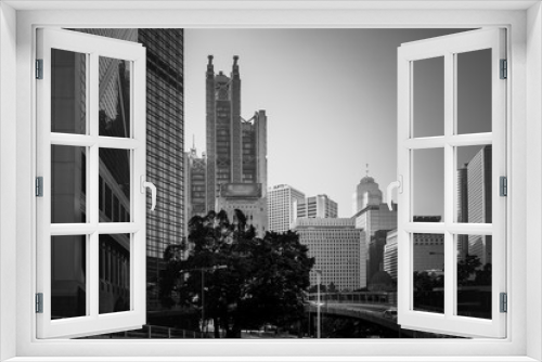 Fototapeta Naklejka Na Ścianę Okno 3D - Black and White tone image of Modern Office Buildings in Hong Kong