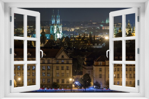 Fototapeta Naklejka Na Ścianę Okno 3D - Night Panorama of Prague with Vltava river timelapse.