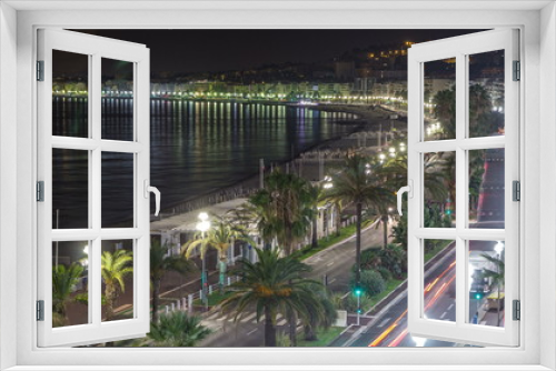 Fototapeta Naklejka Na Ścianę Okno 3D - Night aerial panorama of Nice timelapse, France. Lighted Old Town little streets and waterfront