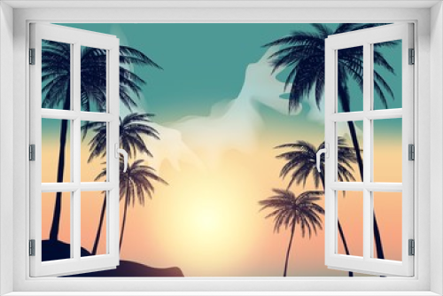Fototapeta Naklejka Na Ścianę Okno 3D - Summer tropical backgrounds with palms, sky and sunset.