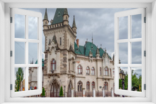 Jakab Palace - Historic Monument in Kosice, Slovakia. Very beautiful, ancient, ancient building in the style of the guitar. The building is like a fairy tale on this panorama with cloudy sky and thund