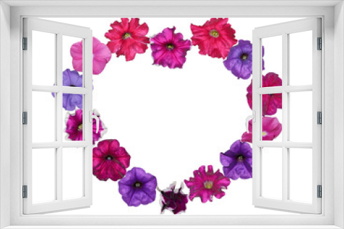 Fototapeta Naklejka Na Ścianę Okno 3D - Pink and violet petunia flowers and rosy periwinkles in a heart shape isolated on white as a backdrop for greetings