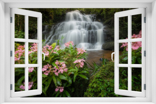 Fototapeta Naklejka Na Ścianę Okno 3D - The beautiful landscape of Mun Daeng waterfalls in rainforest of Phu Hin Rong Kla national park, Phitsanulok province of Thailand. In August you can see the beautiful pink snapdragon flowers.