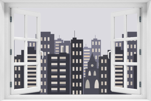 Fototapeta Naklejka Na Ścianę Okno 3D - Megalopolis background.Seamless border with cute urban cityscape in the evening or at night: modern houses, buildings and Church or Cathedral. Vector illustration
