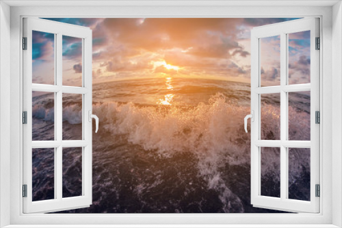 Fototapeta Naklejka Na Ścianę Okno 3D - Seascape. Beautiful colorful sunset sky over the wavy sea. distortion perspective fisheye lens