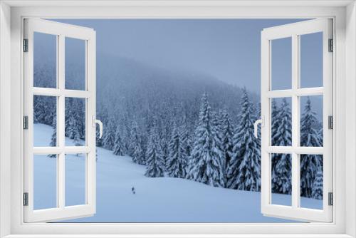 Fototapeta Naklejka Na Ścianę Okno 3D - A calm winter scene. Firs covered with snow stand in a fog. Beautiful scenery on the edge of the forest. Happy New Year