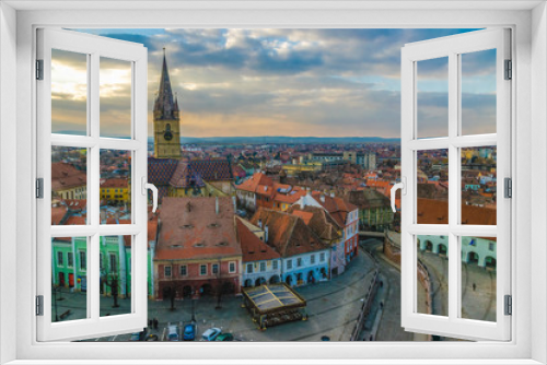 View to the Little Square and the Sibiu Lutheran Cathedral in the Transylvania region, Sibiu, Romania