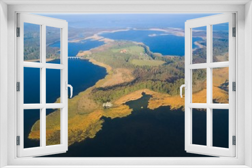 Fototapeta Naklejka Na Ścianę Okno 3D - Aerial view of beautiful landscape of lake district, bridge between Dargin and Kirsajty Lakes, next Mamry Lake, Mazury, Poland