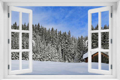 Fototapeta Naklejka Na Ścianę Okno 3D - Hütte - Stadel - Allgäu - Winter - Alpe - Wald - Panorama