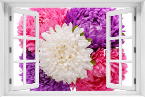 Fototapeta Naklejka Na Ścianę Okno 3D - Bouquet of colorful aster flowers isolated on white. Top view. Close-up.