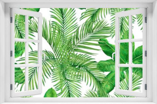 Fototapeta Naklejka Na Ścianę Okno 3D - Watercolor painting tree coconut,palm leaf,green leave seamless pattern background.Watercolor hand drawn illustration tropical exotic leaf prints for wallpaper,textile Hawaii aloha jungle pattern.