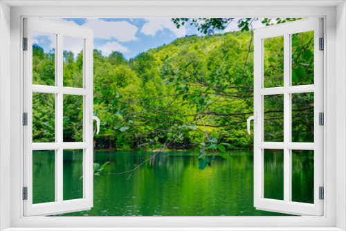 Fototapeta Naklejka Na Ścianę Okno 3D - Beautiful lake view landscape. Sky and tree reflection on lake in Yedigoller Nature Park, Bolu District in Turkey. Amazing collaboration of blue and green. Multiple colors and amazing lake scenery. 