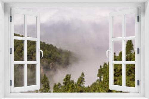 Fototapeta Naklejka Na Ścianę Okno 3D - Dichte Wolken ziehen über die Kiefernwälder im Gebirge