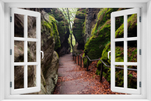 Fototapeta Naklejka Na Ścianę Okno 3D - Bastei Dresden Germany.Park Saxon Switzerland.The cliffs are located not far from Rathen near the town of Pirne in the south-east of Dresden.The rocks in the fog.Beautiful landscape.Mountains travel.