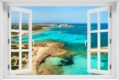 Fototapeta Naklejka Na Ścianę Okno 3D - Aerial view of beautiful sea with transparent azure water, rocks, sandy beach, green trees, boats and luxury yachts at sunny day in summer. Mallorca, Spain. Colorful seascape. Top view from drone