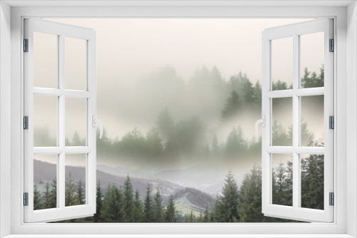 Fototapeta Naklejka Na Ścianę Okno 3D - Picturesque view of mountain forest in foggy morning