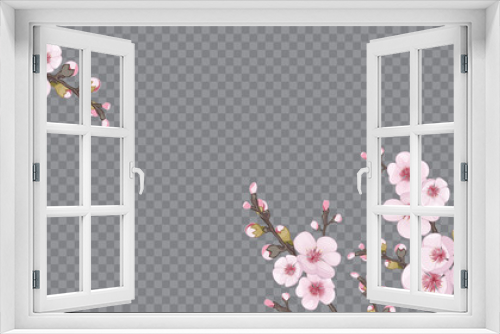 Fototapeta Naklejka Na Ścianę Okno 3D - Festive frame horizontal of sakura flowers. Rose on transparent background. Handmade background in the Japanese style. The idea of textile design, wallpaper, packaging, printing.