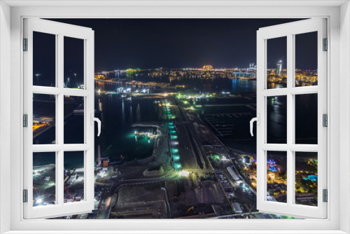 Fototapeta Naklejka Na Ścianę Okno 3D - Aerial view of Palm Jumeirah Island night timelapse.