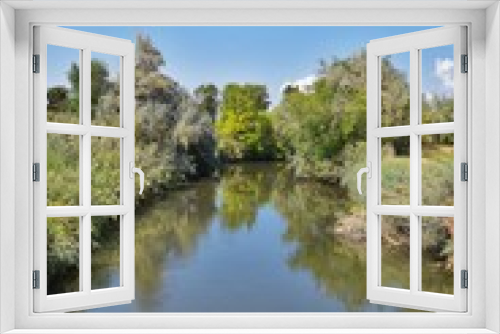 Fototapeta Naklejka Na Ścianę Okno 3D - Views of Jordan River Trail with surrounding trees, Russian Olive, cottonwood and silt filled muddy water along the Wasatch Front Rocky Mountains, in Salt Lake City, Utah.