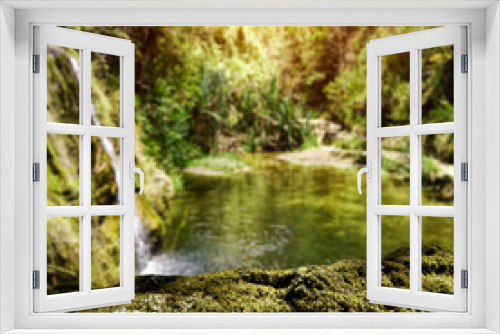 Fototapeta Naklejka Na Ścianę Okno 3D - Exotic waterfall background with green moss space for your product. Summer time on Madagascar 