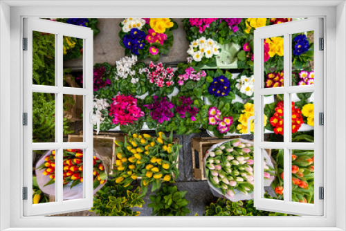 Fototapeta Naklejka Na Ścianę Okno 3D - Esposizione di  mazzi e piantine di fiori  per la vendita