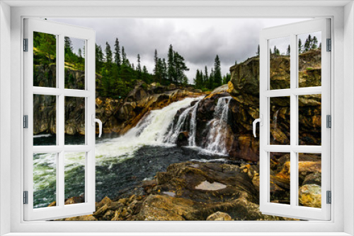 Fototapeta Naklejka Na Ścianę Okno 3D - Beautiful waterfall in mountains of green Norway