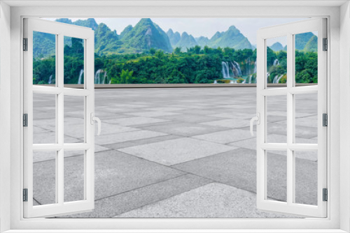 Fototapeta Naklejka Na Ścianę Okno 3D - Empty Plaza Floor Bricks and Beautiful Natural Landscape