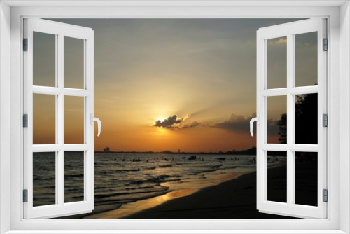 Fototapeta Naklejka Na Ścianę Okno 3D - Beautiful nature of blue sky and clouds with sunset on sea in the evening, Many tourists visit here, View for seascape, Space for text in template, Travel concept