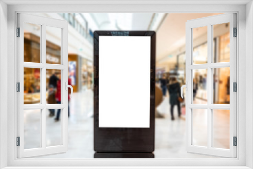 Digital media blank black and white screen modern panel, signboard for advertisement design in a shopping centre, gallery. Mockup, mock-up, mock up with blurred background, digital kiosk.