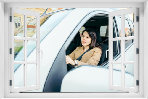 woman driving car. safety belt