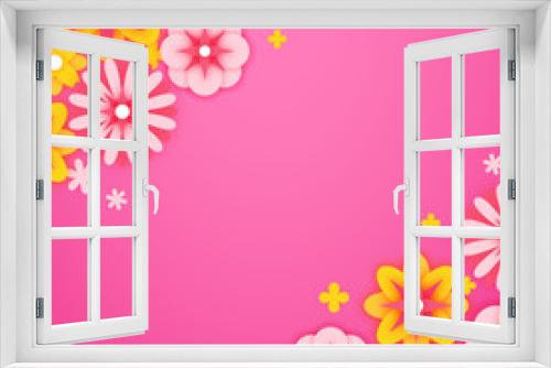 Fototapeta Naklejka Na Ścianę Okno 3D - Background with colorful paper flowers, spring postcard, vector illustration