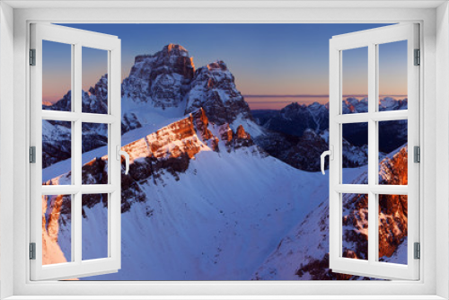 Fototapeta Naklejka Na Ścianę Okno 3D - Fantastic sunrise in the Dolomites mountains, South Tyrol, Italy in winter. Italian alpine panorama with steep rocky walls, Monte Pelmo in dramatic light. Christmas or Happ new Year time.