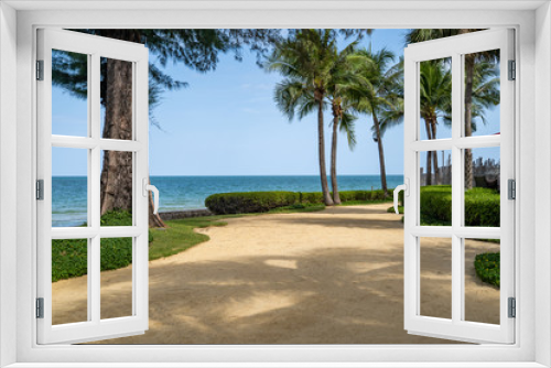 Fototapeta Naklejka Na Ścianę Okno 3D - the private hotel sand garden with cocount tree, Hua Hin Thailand beach