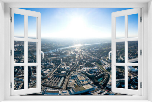 Fototapeta Naklejka Na Ścianę Okno 3D - Newcastle upon Tyne Aerial 360 Panoramic Cityscape View in England, UK. Beautiful City Skyline and Famous Landmarks, Central Downtown Urban Buildings, Stadium feat. Wide Panorama on a Sunny Day.