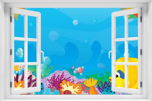 Fototapeta Naklejka Na Ścianę Okno 3D - cartoon scene with coral reef with happy and cute fish swimming with frame space text - illustration for children
