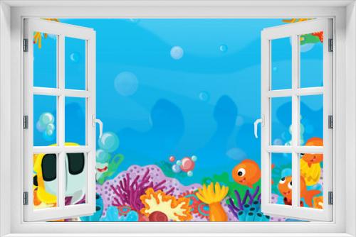 Fototapeta Naklejka Na Ścianę Okno 3D - cartoon scene with coral reef with happy and cute fish swimming with frame space text - illustration for children