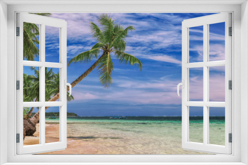 Fototapeta Naklejka Na Ścianę Okno 3D - Beautiful beach. View of nice tropical beach with palms around. Holiday and vacation concept. Tropical beachat Philippines on the coast island Siargao