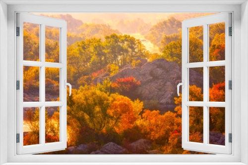 Fototapeta Naklejka Na Ścianę Okno 3D - Amazing nature landscape, misty autumn sunrise over the scenic rocky canyon, National park Bugski Guard, Southern Bug river, Mykolaiv region, Ukraine
