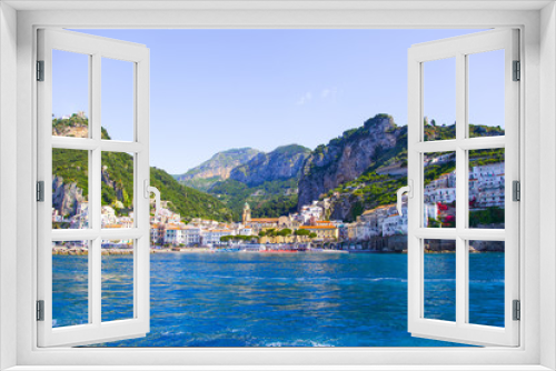 Fototapeta Naklejka Na Ścianę Okno 3D - View from the sea on the cozy and cute town Amalfi, Italy. 