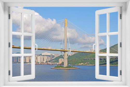 Fototapeta Naklejka Na Ścianę Okno 3D - Hong Kong architecture car bridge , buildings, mountain and the bay