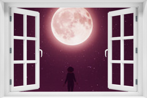 Fototapeta Naklejka Na Ścianę Okno 3D - Girl walking to the moon in starry night,3d rendering