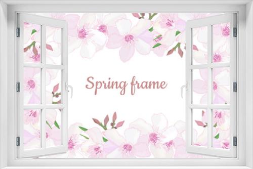 Fototapeta Naklejka Na Ścianę Okno 3D - Elegant floral horizontal frame with delicate pink blooming flowers, buds.  Design template for invitation, celebration, wedding or greeting cards with tropical exotic oleander. Vector
