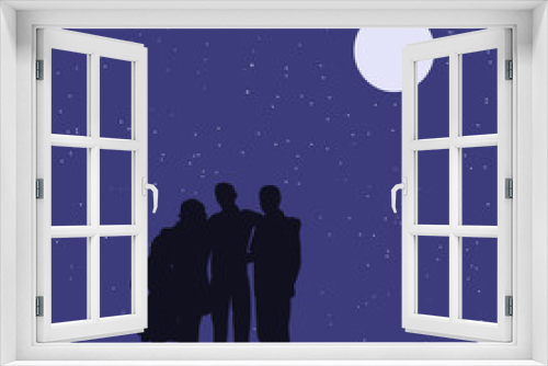 Fototapeta Naklejka Na Ścianę Okno 3D - silhouette of a family with children in the evening in the park, the moon and the stars in the sky