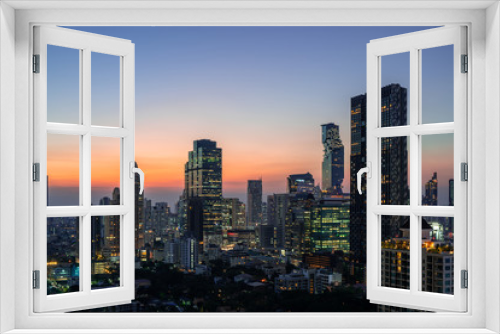 Fototapeta Naklejka Na Ścianę Okno 3D - Bangkok City - Aerial view  beautiful sunset  Bangkok city tower downtown skyline of Thailand , cityscape at night  , landscape Bangkok Thailand